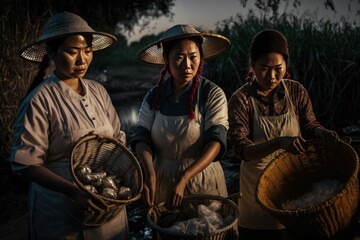 Fototapeta na wymiar Three Chinese women working rice, image generated by artificial intelligence