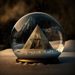 pyramid in the snow globe egypt sand desert triangle trees glass winter cold frozen ice iconic culture high stone brown  Generative AI
