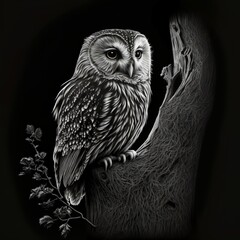 stick owl drawn in white on a black background sits on the tree animal huffs wings night tree forest  Generative AI