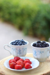 Blueberries, blackberries and strawberries in the vintage porcelain set. Healthy snack served in a garden. Selective focus.