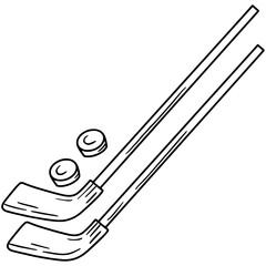 Ice Hockey sticks and pucks, linear icon in Doodle style