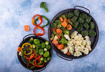 Different frozen vegetables. Food storage.
