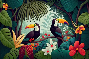 Tropical rainforest with toucans bird with palm leaves and flowers. Generative AI.