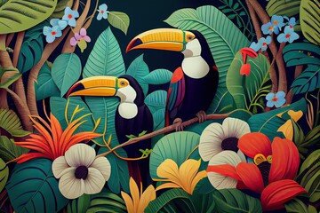 Tropical rainforest with toucans bird with palm leaves and flowers. Generative AI.