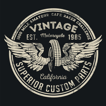 Wheel and wings in vintage style. Emblem, symbol, for t-shirt graphic, posters and other uses.