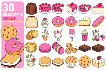 Desserts Sweet Food Colored Outline Icon illustration Element Set 30 Item