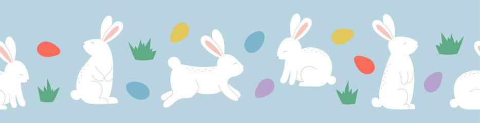 Seamless border with cute rabbits and eggs on blue background. Template for Easter decor, invitation, cards.