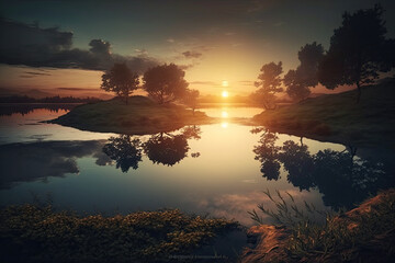 sunset over the lake. Sunset view. Sunset mirror reflection. generative ai