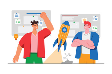 Startup gray concept with people scene in the flat cartoon style. Two friends decide to try register their first startup. Vector illustration. © DesignSells