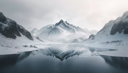 Rollo Alpamayo  a snowy mountain range with a lake surrounded by snow covered mountains in the foreground and a cloudy sky in the background, with a few clouds in the foreground. Generative AI