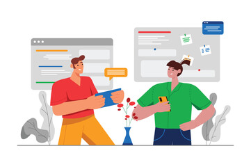 People use gadgets gray concept with people scene in the flat cartoon design. Boy and girl use digital gadgets for communicating with world. Vector illustration.