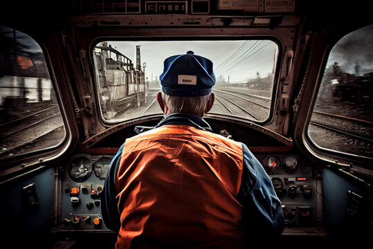 Train driver in the cab of a moving train