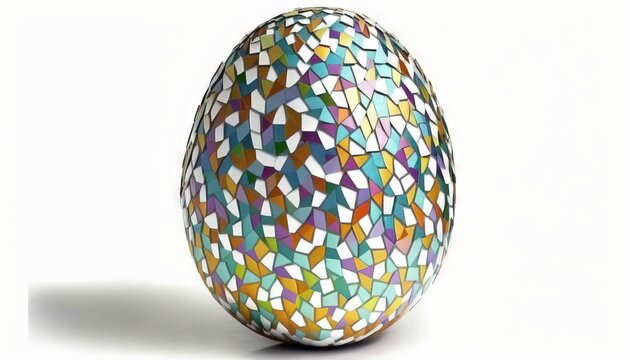  an egg with a mosaic design on it's side and a shadow on the side of it's egg, on a white background. Generative AI