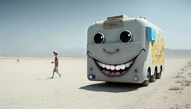  a man walking past a large bus with a face painted on it's side in the middle of a desert with a man walking past it.  Generative AI