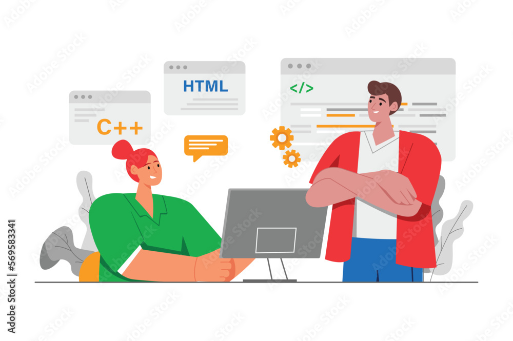 Poster coding gray concept with people scene in the flat cartoon design. programmer asks a colleague for ad