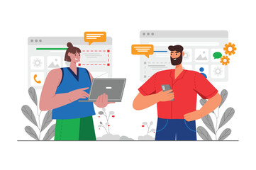 App development gray concept with people scene in the flat cartoon style. two developers are working on creating new mobile applications. Vector illustration.