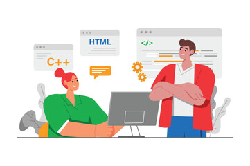 Coding gray concept with people scene in the flat cartoon design. Programmer asks a colleague for advice on the code he has written. Vector illustration.