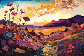  a painting of a colorful landscape with flowers and a stream running through the center of it, with a sunset in the background and a colorful sky.  Generative AI