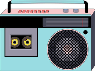 Blue tape recorder. Cassette recorder. Vector illustration. For printing on fabric and paper.