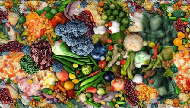  a painting of a variety of vegetables and fruits on a colorful surface with a border of leaves and flowers in the center of the picture. Generative AI