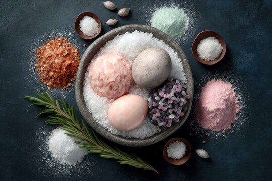 a variety of salts on a background of grey concrete. rosemary, powdered black and pink Himalayan salt, and sea salts. Dead Sea salt crystal balls. Copy space. Generative AI