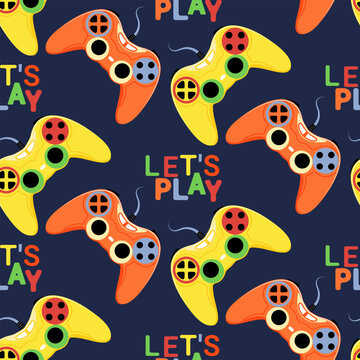 Seamless abstract pattern with joystick. Player seamless pattern with orange and yellow gamepad sign.