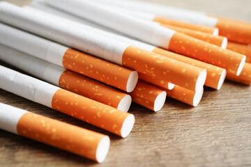 Cigarette, roll tobacco in paper with filter tube, No smoking concept.