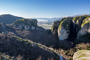 Scenery sunny day panoramic view, the cliffs of Meteora, Greece
