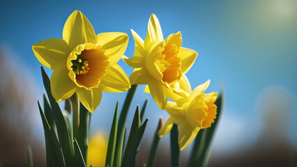 Yellow daffodils or narcissus flowers close up, blue sky background. Spring blooming field. Generative AI