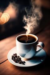 Une tasse de café et une soucoupe avec des grains de café - generative AI