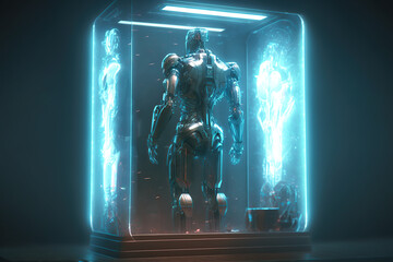 Obraz na płótnie Canvas Detailed futuristic robot humanoid cyborg with metallic body with hologram scanning with free copy space for text. 3d render. Generative ai.