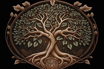Beautiful depiction of the sacred emblem known as the magic tree of life. Concept of growth, prosperity, and personal uniqueness. digital art in a retro, vintage style. Generative AI