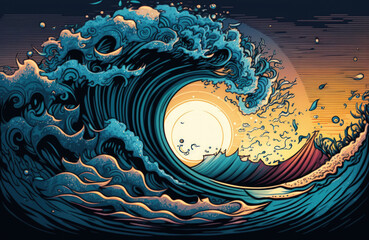 At sunset, a swirled blue ocean wave is crashing to the ground. Generative AI