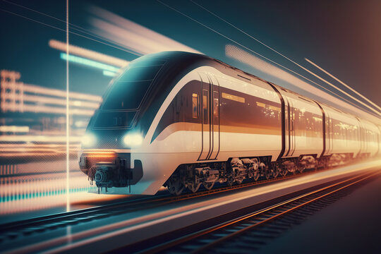 High speed train with dynamic light lines moving fast. Smart technology is the future. Innovation concept. Generative ai.