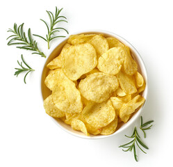 Bowl of crispy potato chips or crisps with thyme isolated on white background, top view
