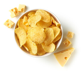 Bowl of crispy wavy potato chips or crisps with cheese