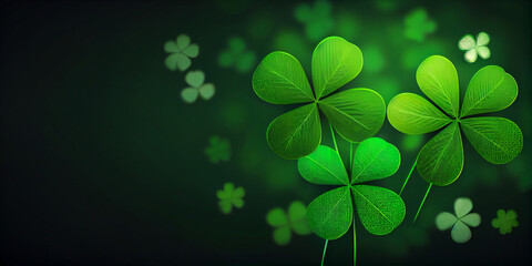 Green background with leaved shamrocks, Lucky Irish Four Leaf Clover in the Field