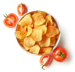 Bowl of crispy potato chips or crisps with tomato flavor