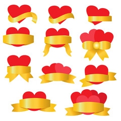 Red hearts with golden ribbons