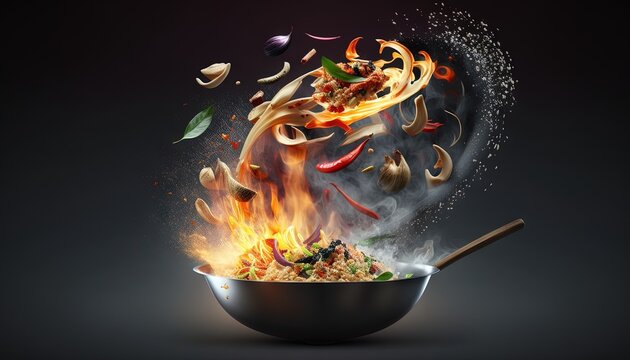  a bowl of food is being tossed into the air with fire and spices flying out of it, on a dark background with a spoon. Generative AI