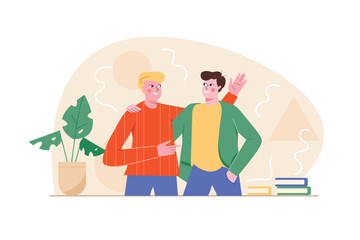 Happy people orange concept with people scene in the flat cartoon style. Two friend tell each other funny stories and have fun together. Vector illustration.