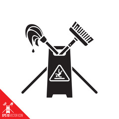 Slippery floor sign with crossed mop and broom vector glyph icon - obrazy, fototapety, plakaty