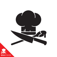 Chefs hat, knife and spoon vector glyph icon