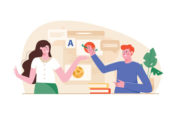 Education orange concept with people scene in the flat cartoon design. Student work with the teacher on learning new information. Vector illustration.