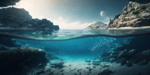 Beautiful underwater environment. Half Underwater, Endless Ocean: A Wide Shot into the Mysterious Deep.
