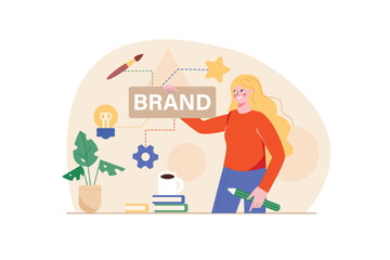 Orange concept Branding with people scene in the flat cartoon style. Creative designer is thinking about how to change the logo of one of the clients. Vector illustration.