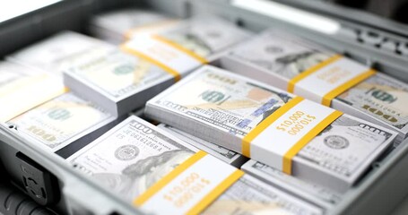 Open suitcase with stacks of one hundred dollar bills