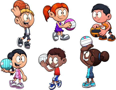 Cartoon boys and girls playing netball. Vector clip art illustration with simple gradients. All in one single layer.
