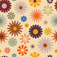 Retro seamless pattern with flowers in 60s style 
