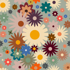 Retro seamless pattern with flowers in 60s style 